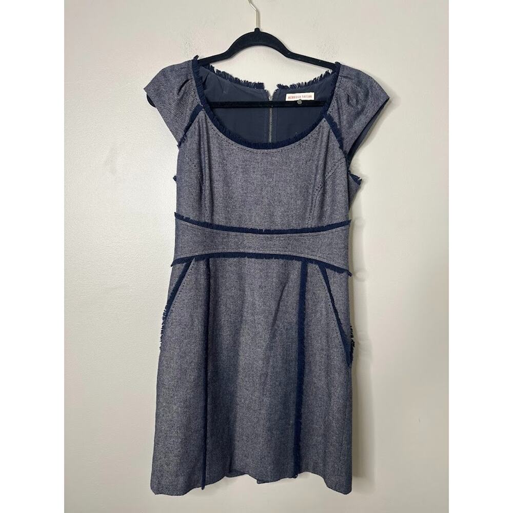 Rebecca Taylor Tweed Sheath Mini Dress Size 8 Blue Wool Blend Fray Fringe Career